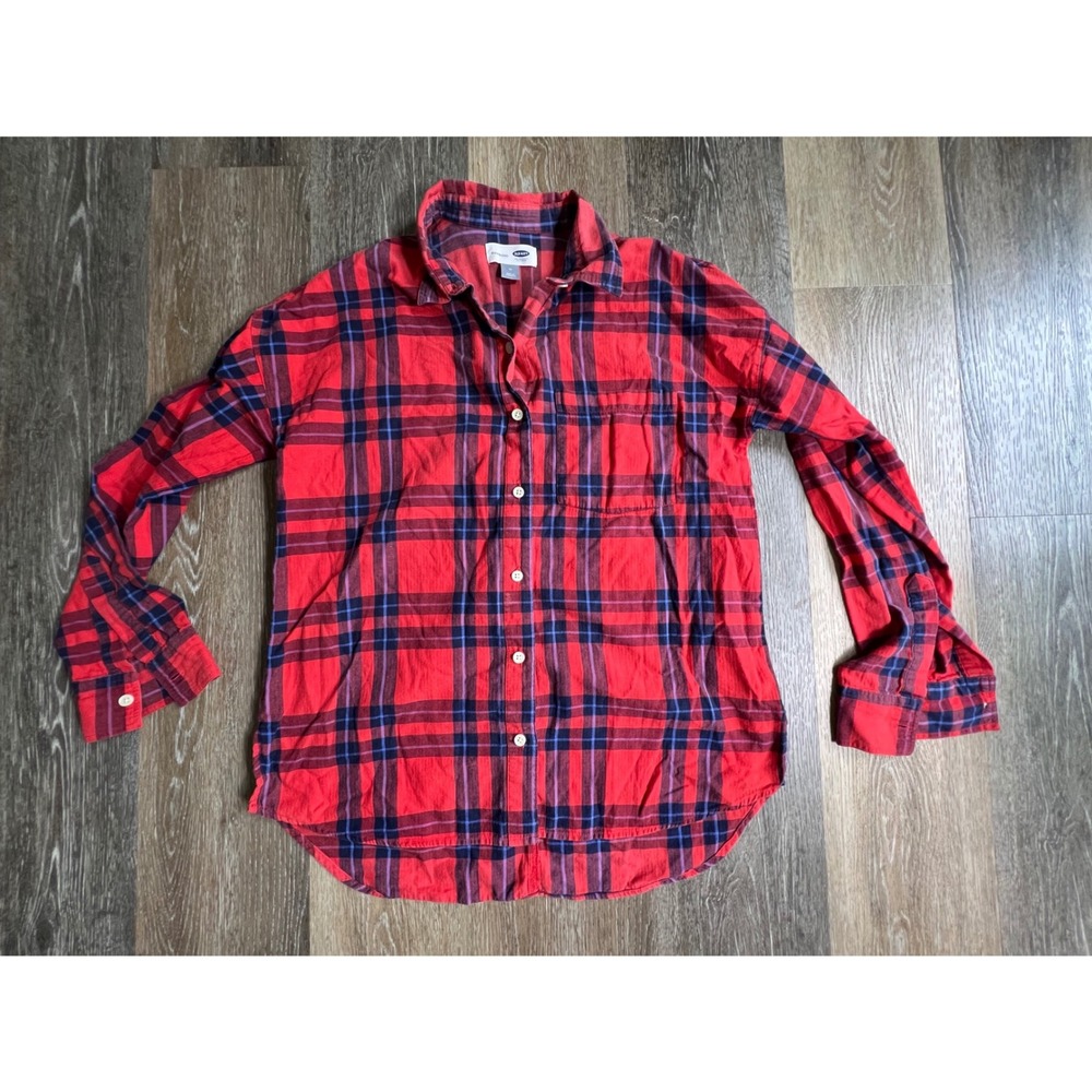 Old Navy Plaid Button Down Shirt Womens Size M Red Blue Boyfriend Long Sleeve